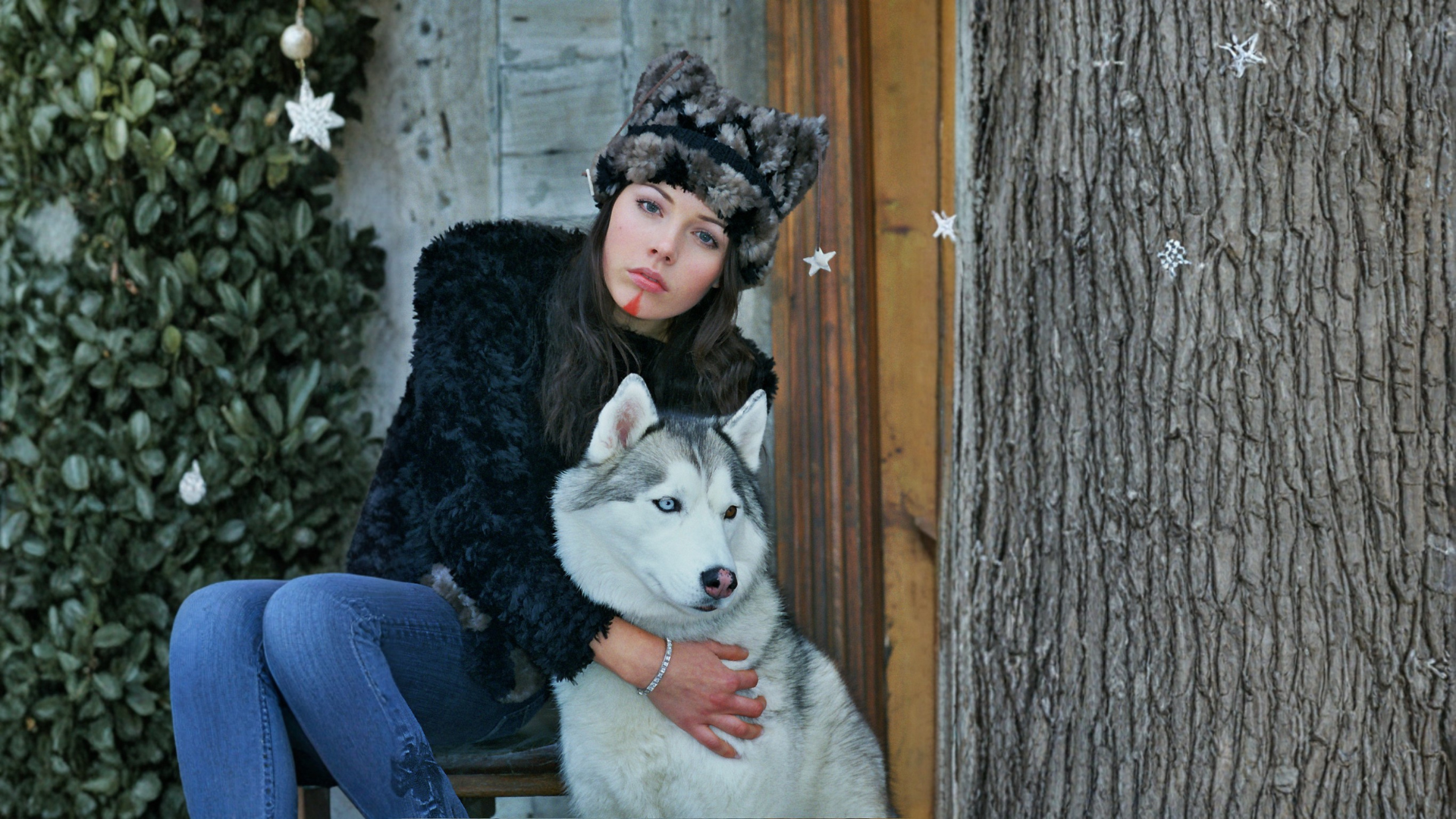 Model wearing sheared beaver fur hat and coat