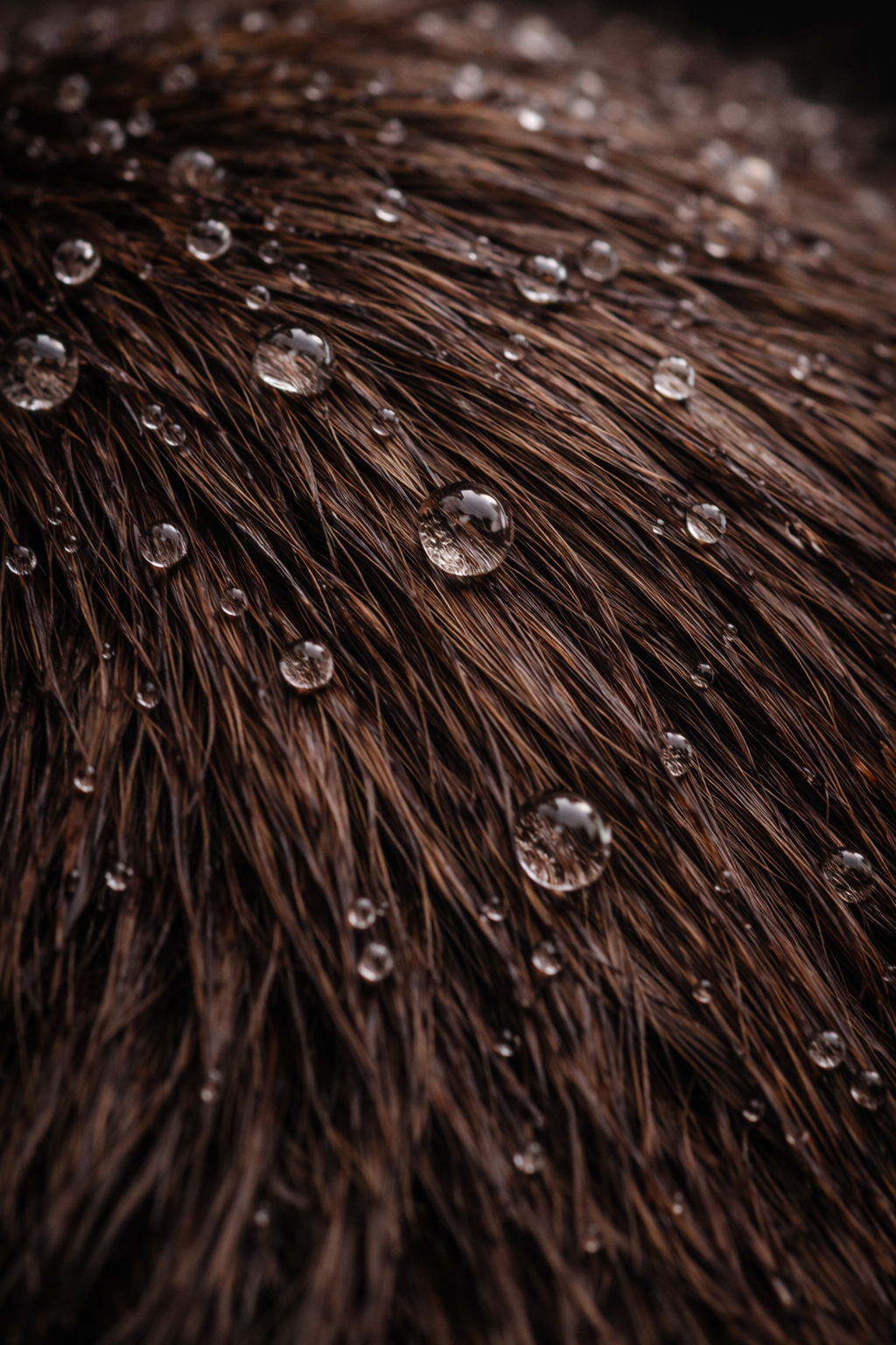 Close-up of brown fur with water droplets on a dark background