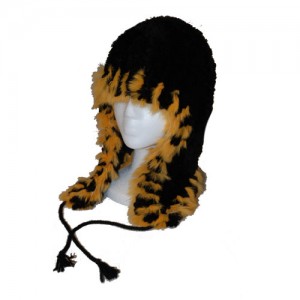 Black beaver helmit hat with orange rabbit fur trim
